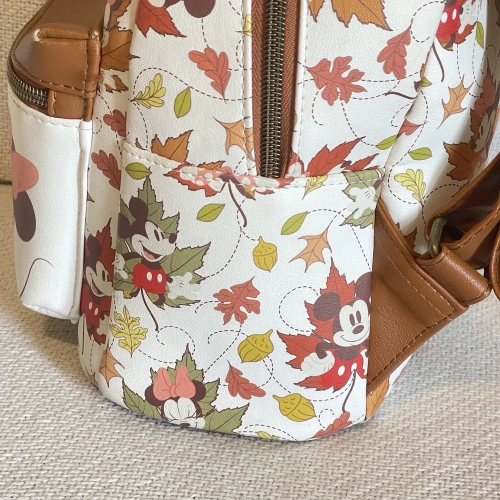 Loungefly Disney Minnie Mickey Mouse Fall Foliage Autumn Leaves Backpack USED